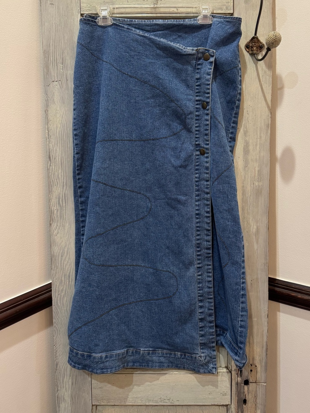 Vintage y2k dark wash denim midi skirt western boho rodeo asymmetrical XL